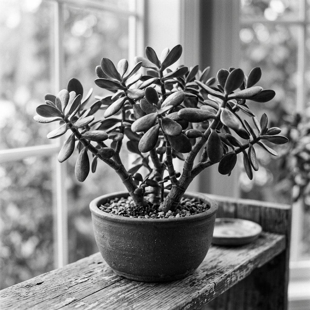 Jade plant with thick leaves in ceramic pot on wooden bench near window